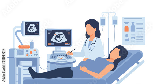 Adobe Illustrator Artwork Clear flat vector illustration of a pregnant woman receiving a USG ultrasound examination by a female doctor. Highlights prenatal care and medical technology