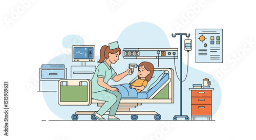 Gentle flat vector illustration of a nurse checking a young girl's temperature with a non-contact thermometer in a hospital setting. Ideal for pediatric and medical care