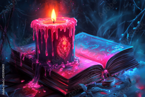 A candle is lit on top of a book with a heart symbol on it