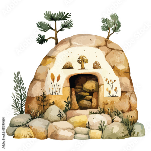 Watercolor Cave Home with Intricate Nature Decor