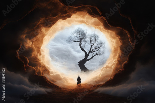 A person is walking through a tunnel with a tree in the middle
