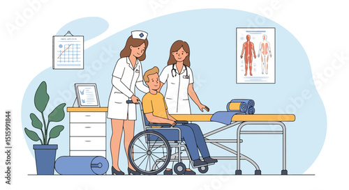Adobe Illustrator Artwork Flat vector illustration of a caring female nurse assisting a disabled patient in a wheelchair in a clinic room. Emphasizes rehabilitation and medical support