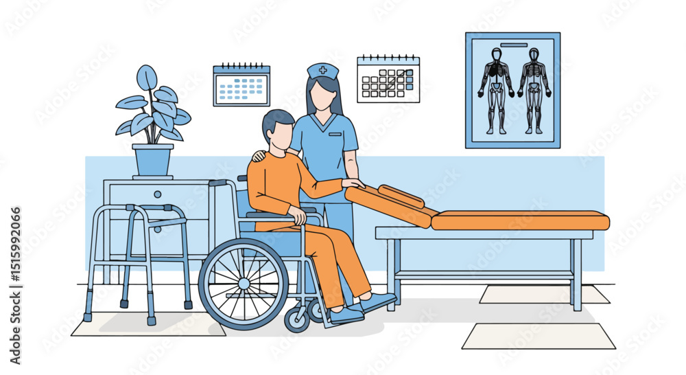 Adobe Illustrator Artwork Flat vector illustration of a caring female nurse assisting a disabled patient in a wheelchair in a clinic room. Emphasizes rehabilitation and medical support Adobe Illustrator Artwork Flat vector illustration of a caring female nurse assisting a disabled patient in a wheelchair in a clinic room. Emphasizes rehabilitation and medical support