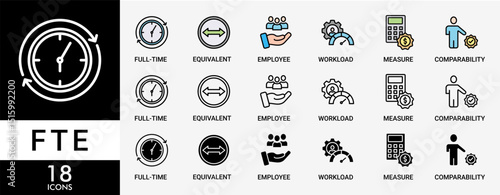 FTE icon set with various styles and colors of full-time, equivalent, employee, workload, measure and comparability