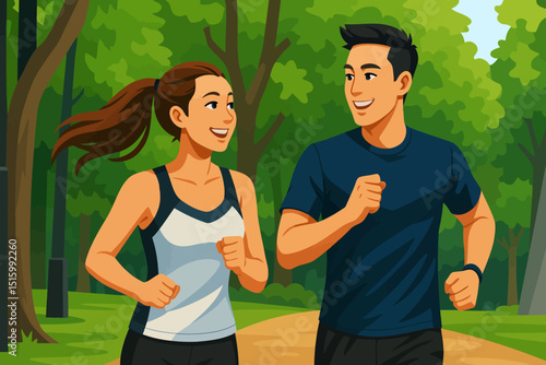 A digitally illustrated scene of a young man and woman jogging together through a lush green park. They both appear happy and energetic, smiling at each other as they run. The woman has her brown hair