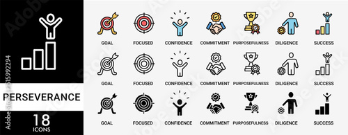PERSEVERANCE icon set with various styles and colors of goal, focused, confidence, commitment, purposefulness, diligence, dedication, achievement, patience and success