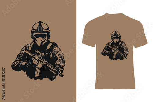 Illustration of Tactical Soldier Holding Rifle on Brown T-Shirt Background