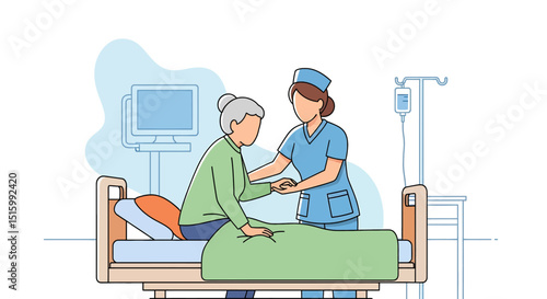 Caring flat vector illustration of a nurse assisting an elderly patient from a hospital bed. Highlights compassionate healthcare, elder care, and medical support