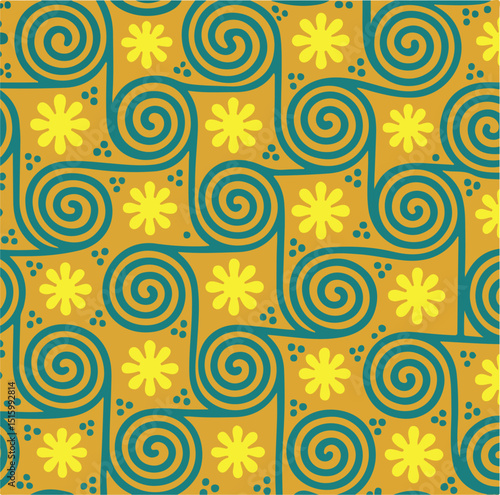 A seamless retro-inspired pattern featuring teal spirals and flower motifs on a rich golden background, evoking playful elegance with rhythmic repetition and geometric balance.