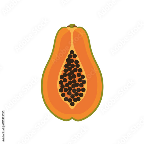 Sliced papaya illustration showing the orange flesh and many black seeds inside