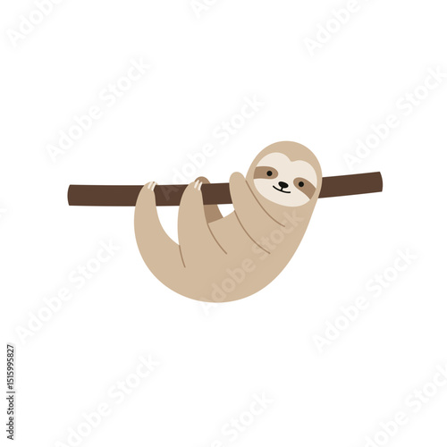 Cute, cartoonish sloth hanging from a branch, looking directly forward with a pleasant, neutral expression