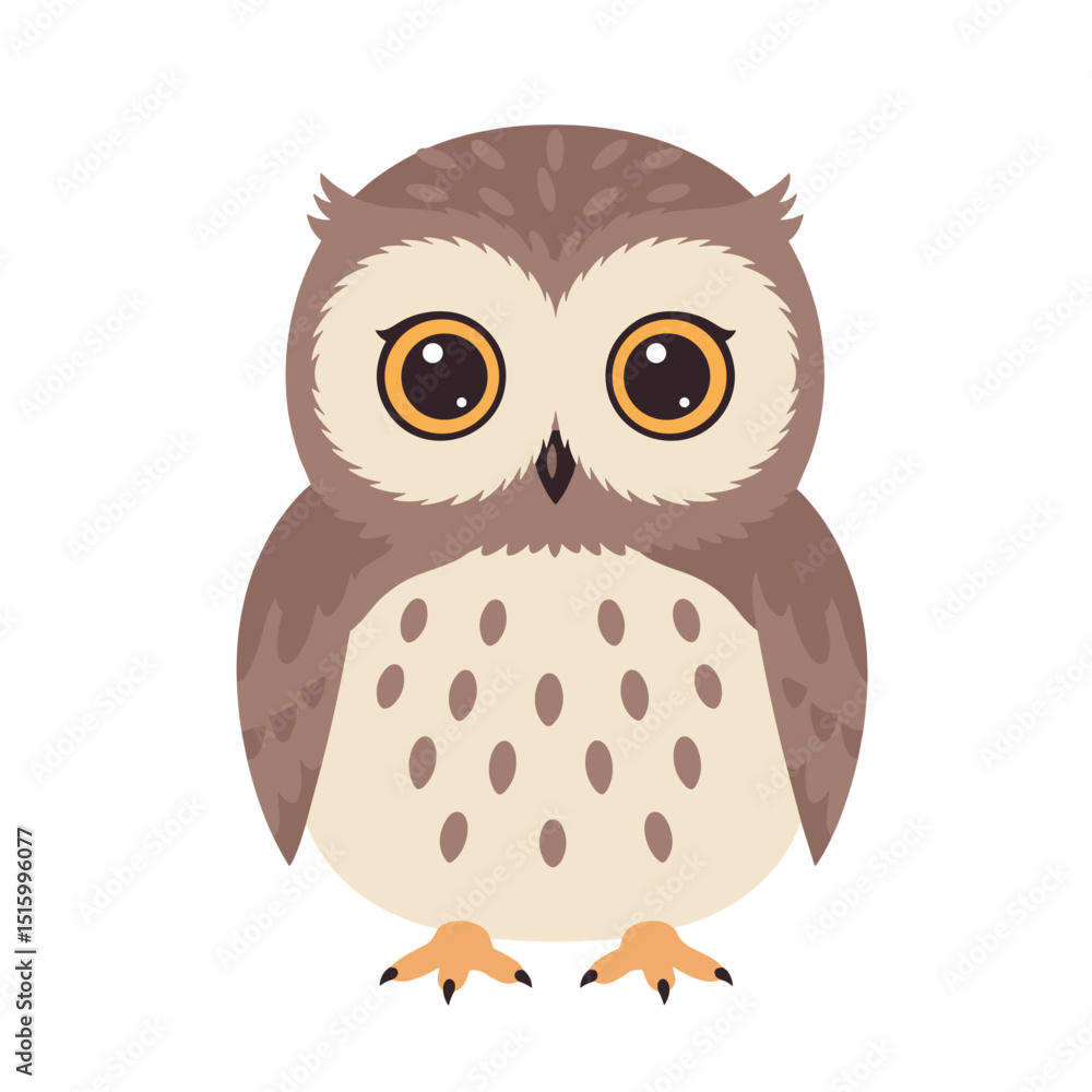 Cute cartoon owl with big, round eyes, brown and beige plumage, isolated on white background Cute cartoon owl with big, round eyes, brown and beige plumage, isolated on white background