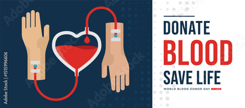 World blood donor day - hand give blood stream drop blood to heart bag shape and stream to recipient hand vector design