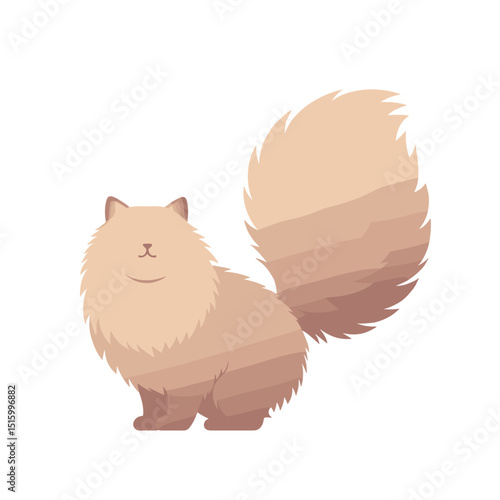 Illustrated, light brown fluffy cat with big, bushy tail and simple features on a white background