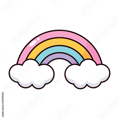 A colorful cartoon rainbow with pastel colors and fluffy white clouds underneath. 
