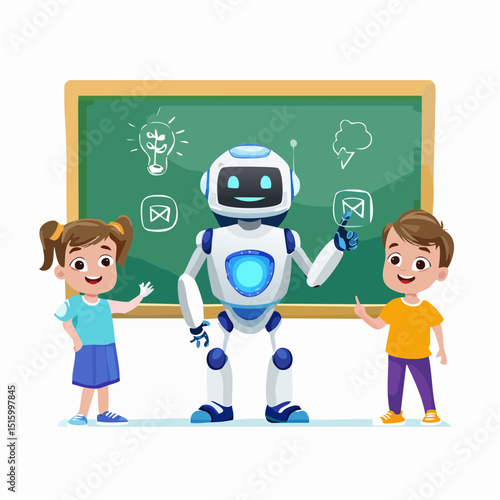 Friendly Robot Teacher Educating Children in Classroom AI Education Concept