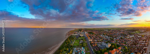 Sunset Aerial Panoramic View of the UK Seaside Skegness, a busy tourist town with something for everyone, from stunning campsites to a sunset to die for, showcases the beauty serene sunset. June 2025