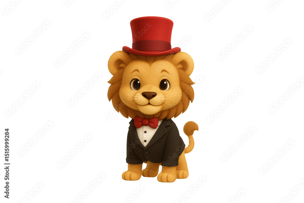 Obraz premium Distinguished lion cub in black tuxedo and red top hat with regal mane, isolated on a transparent background