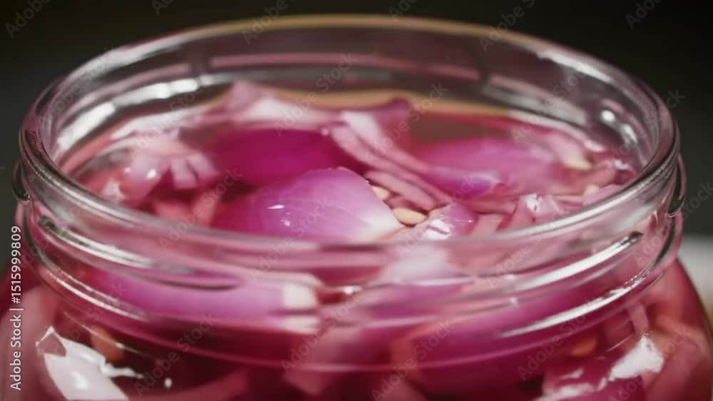 Close Up On Pickled Red Onions In Glass Jar Preparation Close Up On Pickled Red Onions In Glass Jar Preparation