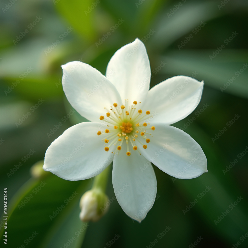 Close-up of a white jasmine flower with delicate petals and green leaves in the background Close-up of a white jasmine flower with delicate petals and green leaves in the background