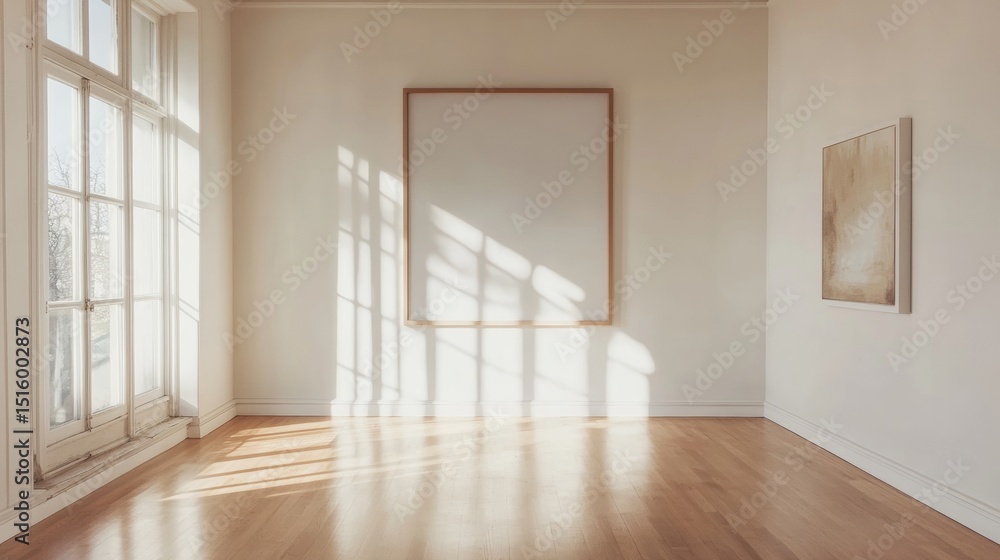 Fototapeta premium A photograph of a large wooden picture frame on the wall, with white walls and sunlight streaming in through the window