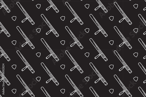 police baton stick equipment with shield line art engraving seamless pattern on black background. retro truncheon, self defensive weapon hatching wallpaper for kids, police, security merchandise