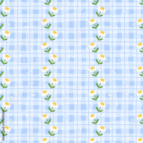 Seamless kawaii flower pattern with chamomile and pastel tones. Perfect for spring textiles and cute backgrounds