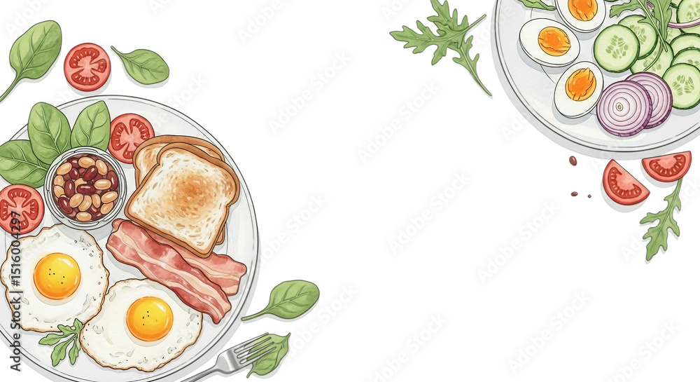 Overhead View of Two Plates of Delicious Breakfast Food Overhead View of Two Plates of Delicious Breakfast Food