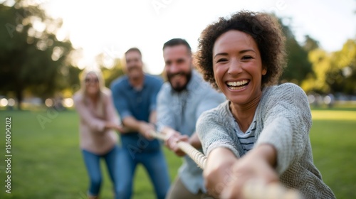 Happy colleagues playing tug of war during a team building activity in a park