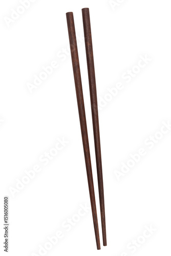 Top view of dark wood chopsticks isolated on a clipped PNG transparent background