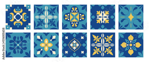 Mediterranean blue tiles pattern. Abstract floral arabesque. Italian, Portuguese, Spanish, Moroccan, Damask background in traditional style. Wall and floor interior design. Mosaic. Amalfi. Vector.