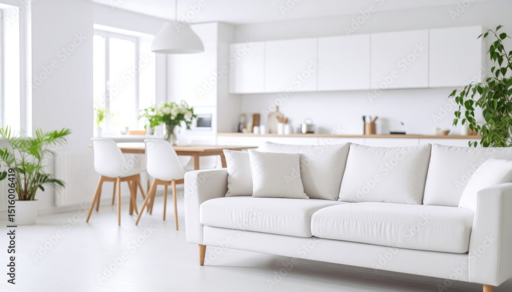 Fototapeta premium sofa in studio apartment. Scandinavian home interior design of modern living room and kitchen 