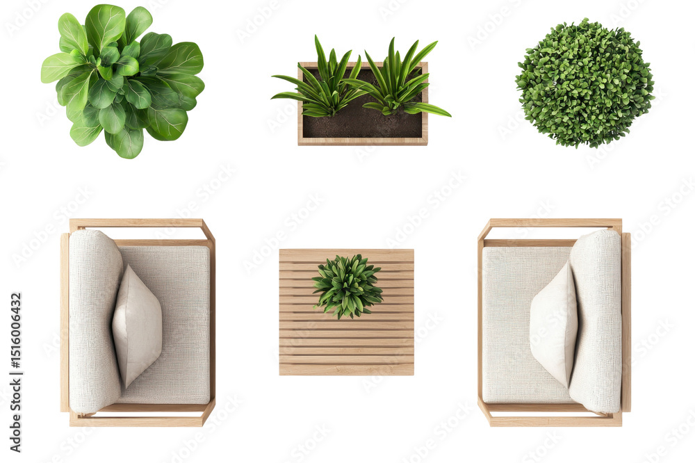 Fototapeta premium Overhead View of Modern Outdoor Patio Furniture Set with Plants Relaxing Garden Design Concept