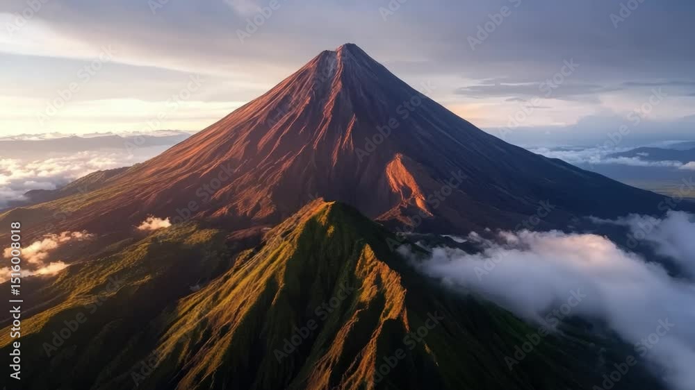 Majestic Volcano Surrounded by Lush Green Mountains and Dramatic Cloudy Sky at Sunset Majestic Volcano Surrounded by Lush Green Mountains and Dramatic Cloudy Sky at Sunset