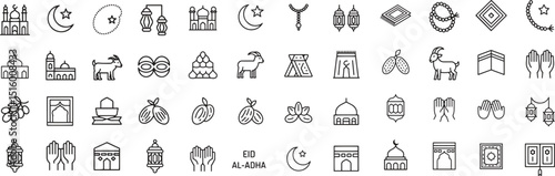 eid al-adha line icons set. islamic celebration, sacrifice, festival, muslim holiday. vector illustration