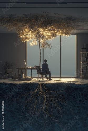 Person tree office roots energy growth nature sunlight in modern workspace calm mood