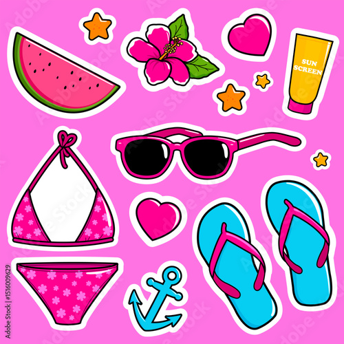  Beach summer vacation sticker sheet, planner and scrapbook. Accessories for swimming at the island sea. Summer holidays sticker sheet set. Cute sticker sheet, planner and scrapbook. 