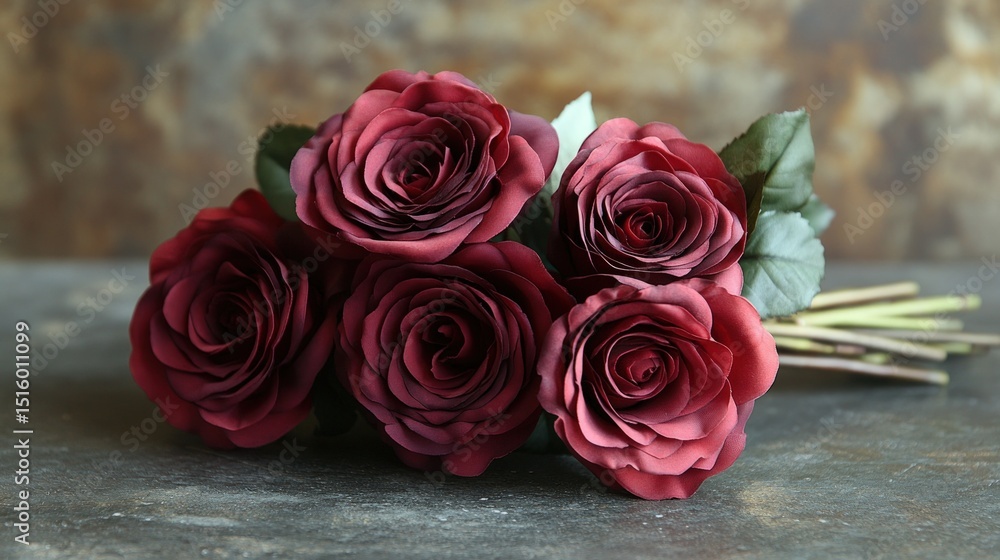 A close-up of a bouquet of deep burgundy roses. The roses are arranged loosely on a mottled gray surface, against a textured, muted brown backdrop A close-up of a bouquet of deep burgundy roses. The roses are arranged loosely on a mottled gray surface, against a textured, muted brown backdrop
