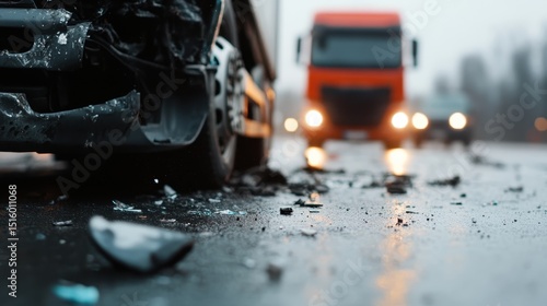 A dramatic scene depicting a truck accident on a rainy road, with shattered glass and debris scattered, encapsulating the dangers of driving and the impact of road accidents.