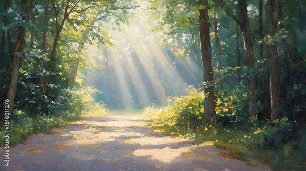Fototapeta premium Sunlit Forest Path Magical Summer Landscape Painting