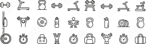 workout gym line icons set. fitness, exercise, training, bodybuilding. editable vector illustration