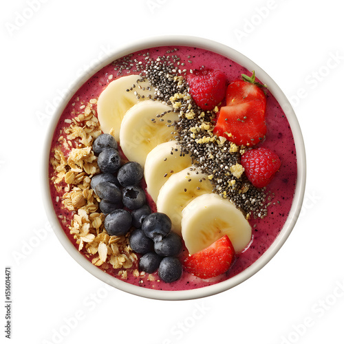 3D smoothie bowl with berries, banana, granola, and chia seeds, white background