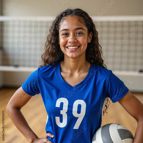 Confident Teenage Volleyball Player – Smiling Girl in Blue Jersey Holding Ball on Court