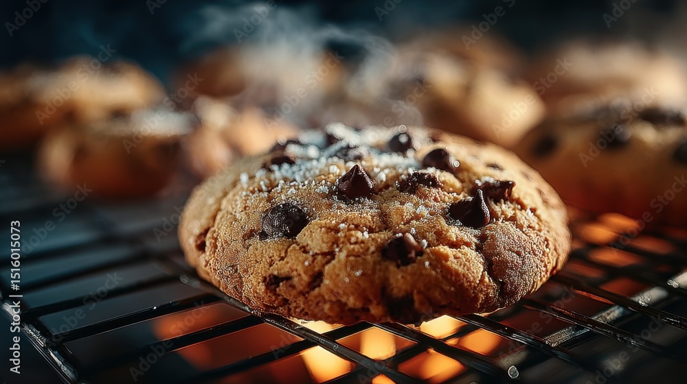 Warm chocolate chip cookies cooling on a wire rack in a cozy kitchen setting Warm chocolate chip cookies cooling on a wire rack in a cozy kitchen setting