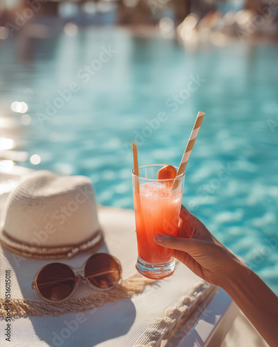 Colorful summer drink by the poolside in daylight