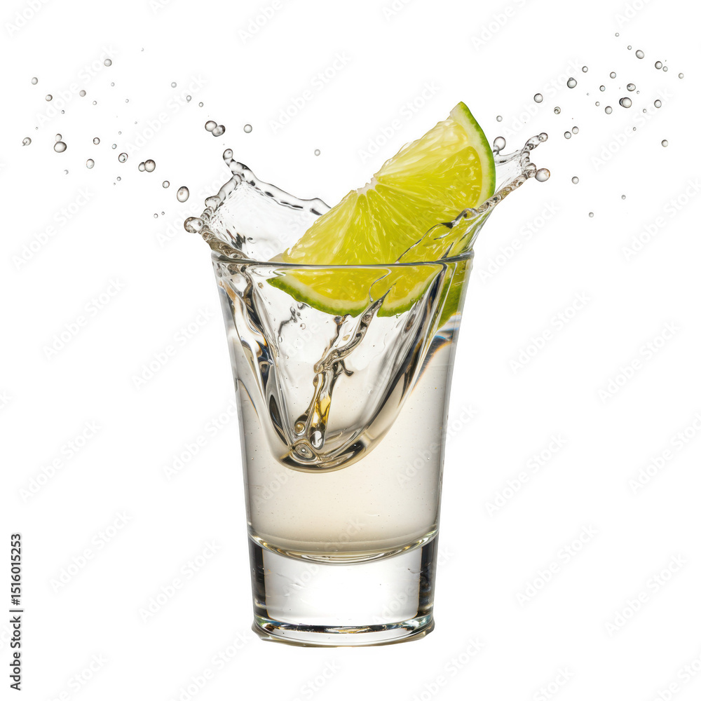 Obraz premium Refreshing tequila shot with lime splash cocktail drink alcohol bar on transparent background