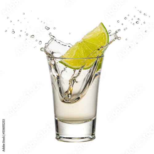 Refreshing tequila shot with lime splash cocktail drink alcohol bar on transparent background