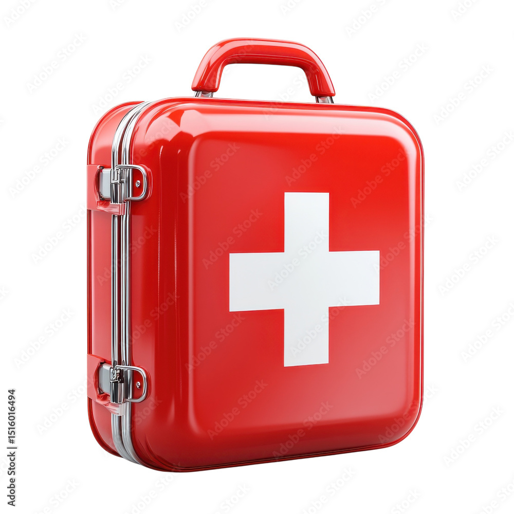 Fototapeta premium First Aid Kit Emergency Medical Supplies Red Box with White Cross Healthcare Safety Equipment on transparent background