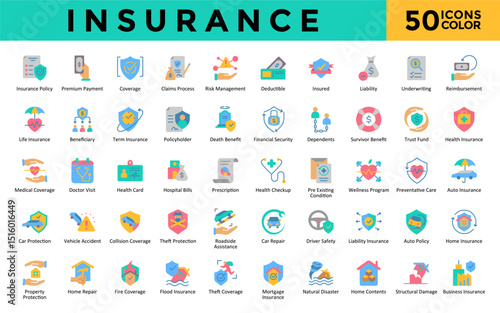 Insurance icons set with insurance policy, premium payment, coverage, claims process, risk management, deductible, insured, liability, underwriting, reimbursement icon. Simple flat color vector 
