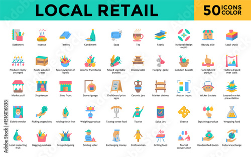 Local Retail icons set with stationery, incense, textiles, condiment, soap, tea, fabric, national design motifs, beauty aisle, local snack icon. Simple flat color vector 
